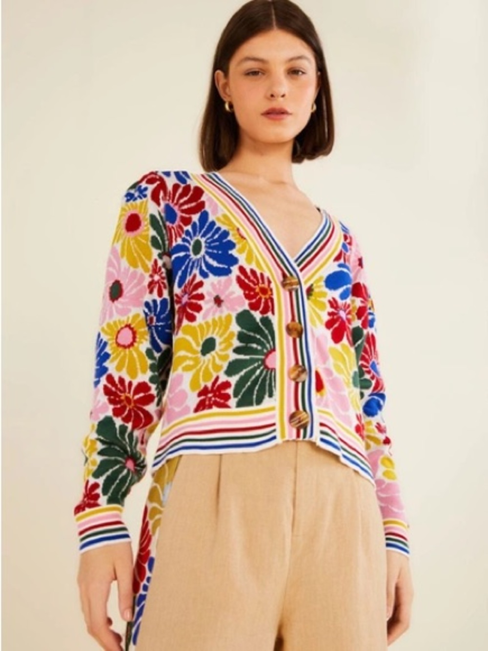FARM Rio Multi-Color Floral V-Neck Button Cardigan